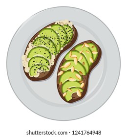 Vector illustration - toast with avocado, curd cheese and sesame seeds, spices on black bread, served on a plate, white background. healthy natural food. For menu design, banner, poster, print.