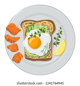 Vector illustration - toast with avocado paste, fried egg and salmon with a slice of lemon and spices, served on a plate, white background. Healthy food. For menu design, banner, magazine article.