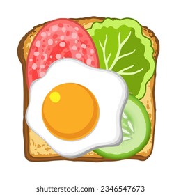 Vector illustration of toast with fried egg, vegetables and lettuce. Healthy food for breakfast