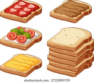 Vector illustration of toast slices with jam, chocolate, tomatoes, and butter on white background