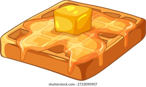 Ilustração vetorial de um waffle tostado coberto com um cubo de manteiga e xarope de gotejamento