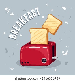 Vector illustration of a toaster with toasted slices of bread. Illustration of breakfast, food. Kitchenware.