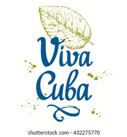 Vector illustration with tobacco leaf in sketch style. Classical smoking. Lettering design. Viva Cuba.