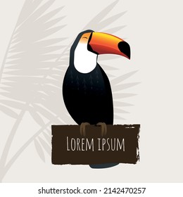 Eine Vektorgrafik eines toco-Toucan-Vogels auf einem Schild. Farbverlauf-Toucan auf hellem Hintergrund, Text ist vorhanden