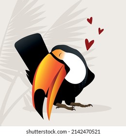 A vector illustration of a toco toucan bird in love. Colourful gradient toucan on a light background