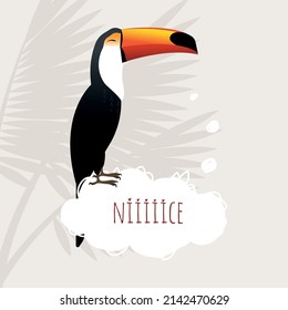 A vector illustration of a toco toucan bird sitting on a speech bubble. Colourful gradient toucan on a light background, text is present