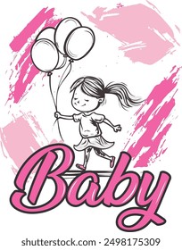 Vector illustration of a toddler girl standing with pink red balloon in hand, back view. Urban street art style graffiti stencil art design element.