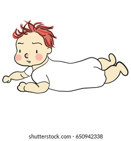 Vector illustration of toddler in prone position. Family concept. Cartoon character drawing style. Isolated on white background.