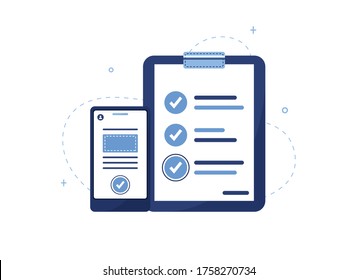 Vector illustration of a to-do list and mobile phone. List of work performed, preparation of the questionnaire, filling out documents. Confirmation of information. Blue notebook, tablet. Eps 10