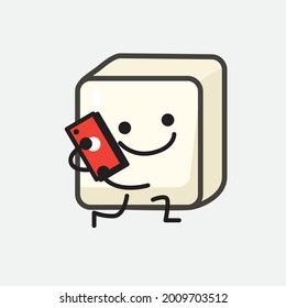 Vector Illustration of Tofu Character with cute face and simple body line drawing on isolated background