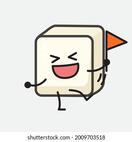 Vektorgrafik des Tofu-Charakters mit süßem Gesicht und einfacher Körperlinie, die auf isoliertem Hintergrund zeichnet