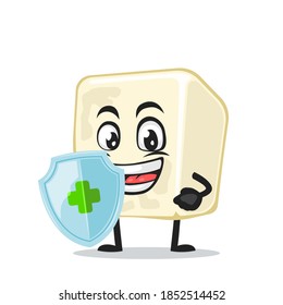 vector illustration of tofu mascot or character holding shield for protection