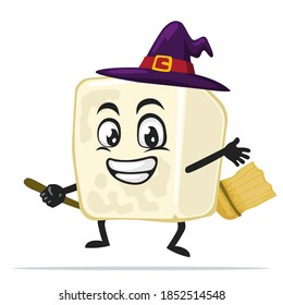 vector illustration of tofu mascot or character wearing witch costume and ride flying broom