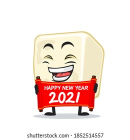 vector illustration of tofu mascot or character holding red scroll and say happy new year