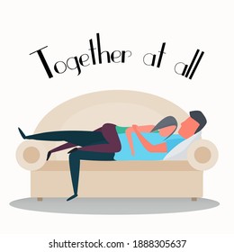 Vector illustration. Together forever. The girl hugs the guy. they lie together on the maiden