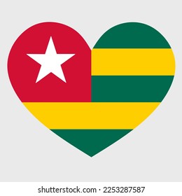 Vektorgrafik der Togo-Fahne mit einem Herz, einzeln auf einfarbigem Hintergrund. Ich liebe Togo. Glücklicher Unabhängigkeitstag