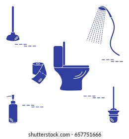 Vector illustration with toilet bowl, shower, toilet paper, soap dispenser, plunger, brush for toilet bowl. Design for poster or print.