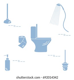 Vector illustration with toilet bowl, shower, toilet paper, soap dispenser, plunger, brush for toilet bowl. Design for poster or print.
