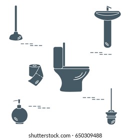 Vector illustration with toilet bowl, washbasin, toilet paper, soap dispenser, plunger, brush for toilet bowl. Design for poster or print.