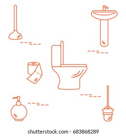 Vector illustration with toilet bowl, washbasin, toilet paper, soap dispenser, plunger, brush for toilet bowl. Design for poster or print.