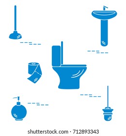 Vector illustration with toilet bowl, washbasin, toilet paper, soap dispenser, plunger, brush for toilet bowl. Design for poster or print.