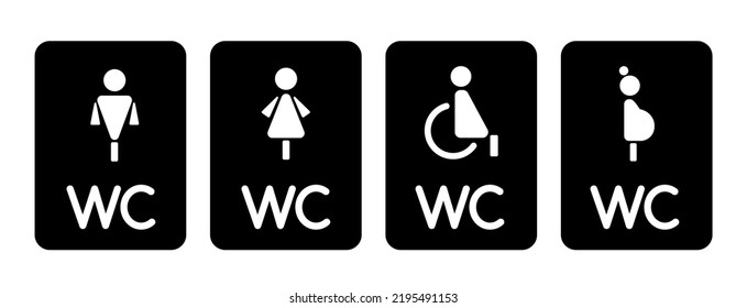 Vector illustration toilet icon set on black backgrounds. Man, woman symbol. Restroom for male, female, for people with disabilities, pregnant woman.
