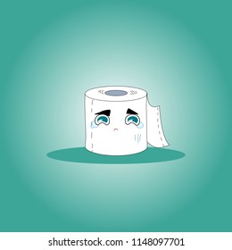 Vector illustration, toilet paper sad smile, simple cartoon style on a blue background.