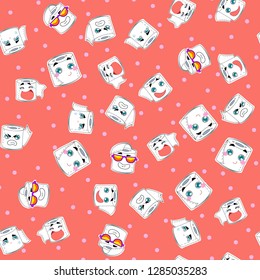 Vector illustration, toilet paper seamless pattern. Happy smiles, cartoon style, cute living coral background (2019 trend color). Applicable for wrapping paper designs, textile, concepts for kids etc.