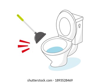 Vector illustration of toilet plunger and flush toilet.