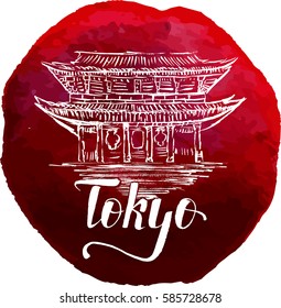 Vector illustration, Tokyo label with hand drawn temple Senso-ji, lettering Tokyo on red watercolor stain