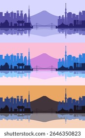 Vector illustration of Tokyo skyline in silhouette style with mount  and water reflection. Features multiple color versions. Includes modern architecture, temples, bridges, and iconic landmarks.