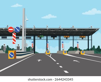 Vector illustration of a toll plaza on a highway with traffic signs, road markings, and barriers. Urban transportation concept, suitable for infrastructure, travel, or navigation themes.