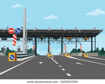 Vector illustration of a toll plaza on a highway with traffic signs, road markings, and barriers. Urban transportation concept, suitable for infrastructure, travel, or navigation themes.