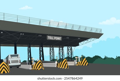 Vector illustration of toll point. Paid entrance transportation. White bus at toll point. Green trees and blue sky with white clouds in the background. 