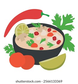 A Vector Illustration of Tom Kha Gai Soup in a Black Bowl with Chicken, Chili, Mushrooms, Tomatoes, Coriander, and Lime