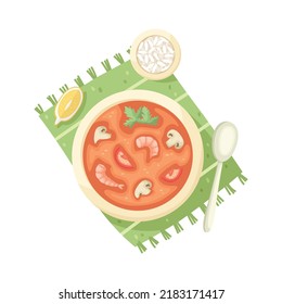 Vector illustration of tom yam soup plate. Asian cuisine.