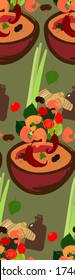 vector illustration tom yum bowl with it's ingredients. pan-asian cuisine clipart, thai food seamless pattern. traditional soup. Asian restaurant, cafe, diner menu, signboard, advertising