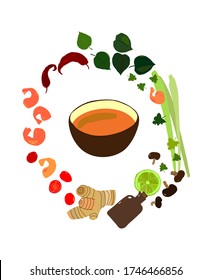 vector illustration tom yum bowl with ingredients. pan-asian cuisine clipart, thai food. traditional soup. Asian restaurant, cafe, diner menu, signboard, advertising. healthy and tasty nutrition