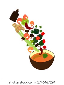 vector illustration tom yum bowl with ingredients. pan-asian cuisine clipart, thai food. traditional soup, tasty nutrition. Asian restaurant, cafe, diner menu, signboard, advertising