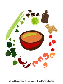 vector illustration tom yum bowl with it's ingredients. pan-asian cuisine clipart, thai food seamless pattern. traditional soup. Asian restaurant, cafe, diner menu, signboard, advertising