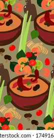 vector illustration tom yum bowl with it's ingredients. pan-asian cuisine clipart, thai food seamless pattern. traditional soup. Asian restaurant, cafe, diner menu, signboard, advertising