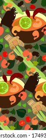 vector illustration tom yum bowl with it's ingredients. pan-asian cuisine clipart, thai food seamless pattern. traditional soup. Asian restaurant, cafe, diner menu, signboard, advertising