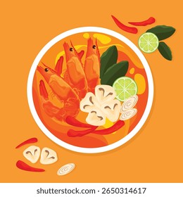 
Vector illustration of Tom Yum Kung, traditional Thai spicy shrimp soup. Authentic Asian food 