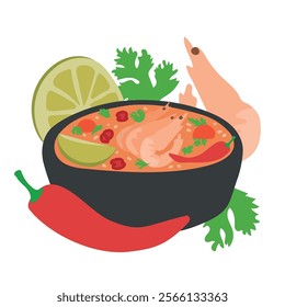 A Vector Illustration of Tom Yum Soup in a Black Bowl with Shrimp, Coriander, Chili, Lime, Tomatoes, Sesame, and Spring Onions