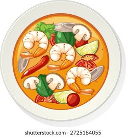 Vektorgrafik von Tom Yum-Suppe, lebhafte Farben, Draufsicht, sauberer weißer Hintergrund, flacher Stil