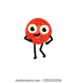 Vector illustration of tomato cartoon character isolated on white background - cute smiling emoticon of cut ripe raw red vegetable. Slice of natural organic food in flat style.