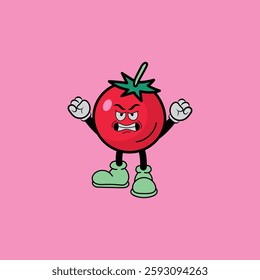 Vector Illustration of Tomato Cartoon Character With Angry Expression. On Pink Background