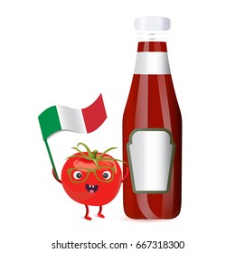 Vector illustration: Tomato Character and Red Sauce Bottle. Tomato mascot holding Italian flag. Great as Italian sauce advertising or promotion template.