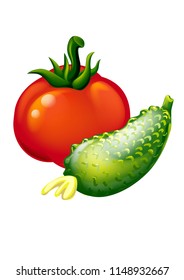 vector illustration tomato and cucumber, drawing tomato and cucumber