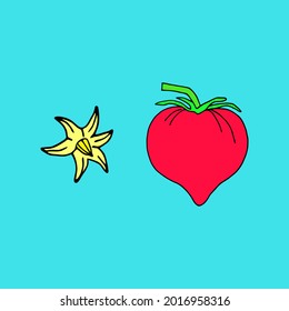 Vektorgrafik mit Tomaten- und Tomatenblume.